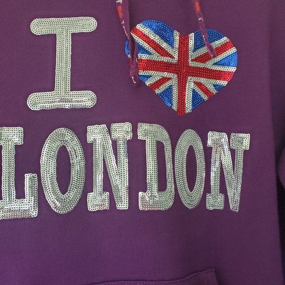 I Love London Hooded Sweatshirt sequined heart Purple ♥️ Size Large - Picture 2 of 12